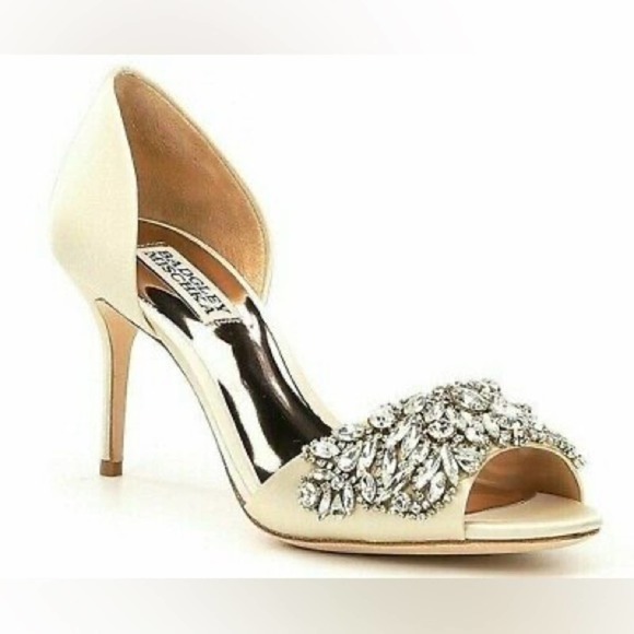 Badgley Mischka Shoes - Badgley Mischka Hansen Ivory Embellished Satin d' Orsay Evening Pumps- Size 6